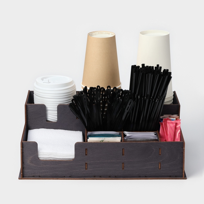 Подставка - органайзер деревянный барный Доляна, под стаканы, крышки, трубочки, салфетки, 40&times;25&times;15 см