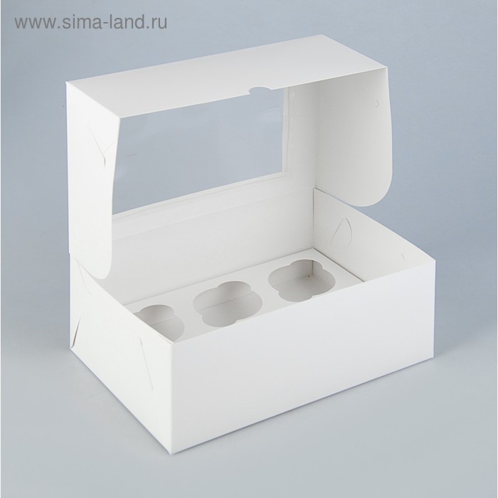 Коробка на 6 капкейков с окном, белая, 25 х 17 х 10 см
