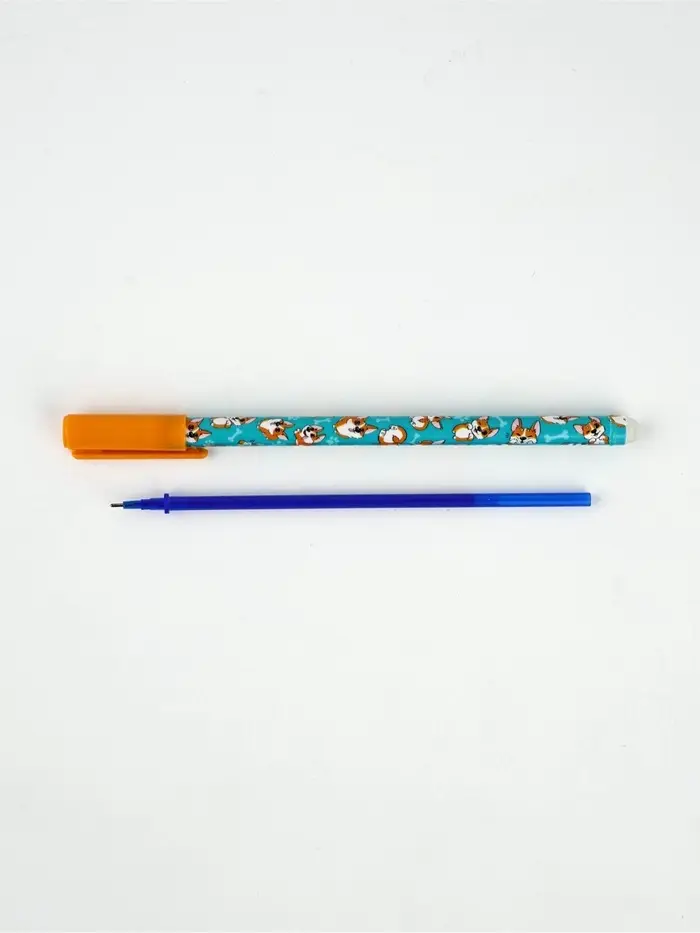 Ручка пластик пиши-стирай с колпачком "Корги", синяя паста, гелевая 0,5 мм