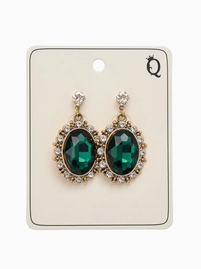 Серьги со стразами "Овал грань", цвет изумрудный в золоте