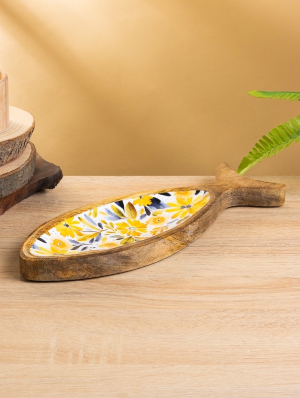 Блюдо в форме рыбки "Желтые и синие цветы" дерево манго 32х11,5х2 см