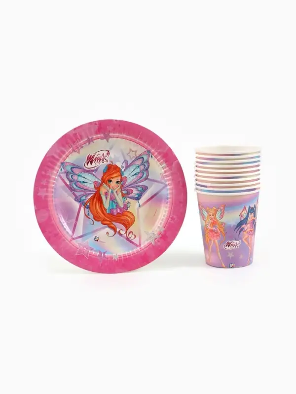 Посуда одноразовая бумажная на 10 персон: стаканы, тарелки, скатерть, ВИНКС