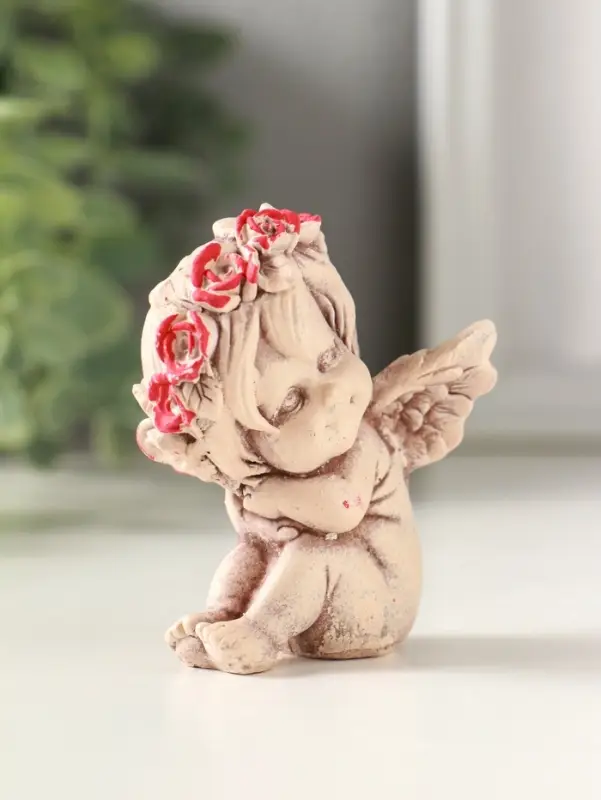 Статуэтка "Ангел в венке" 7 см, состаренный эффект, слоновая кость,