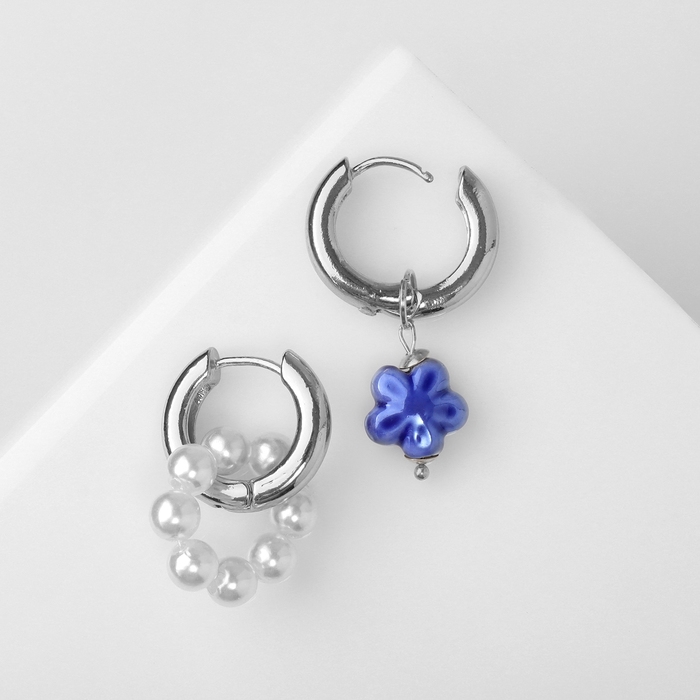 Серьги со съёмным элементом &laquo;Трансформер&raquo; цветок, цвет бело-синий в серебре