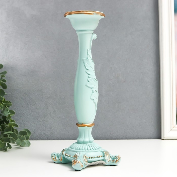 Подсвечник полистоун на 1 свечу "Пышный лист" нежно-голубой 26,5х9х9 см