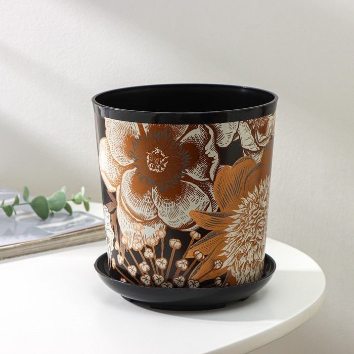 Горшок для цветов с поддоном Доляна &laquo;Голди.Птицы&raquo;, 1,6 л, d=14 см, h=15,5 см, цвет чёрный