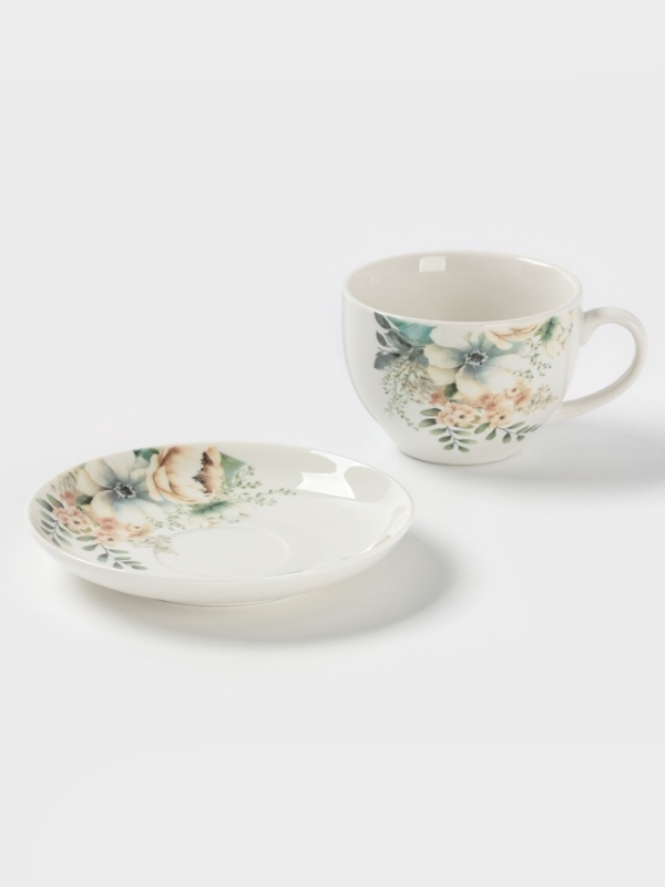 Чайная пара Доляна "Цветы" цвет белый  чашка 250 мл, блюдце 15 см