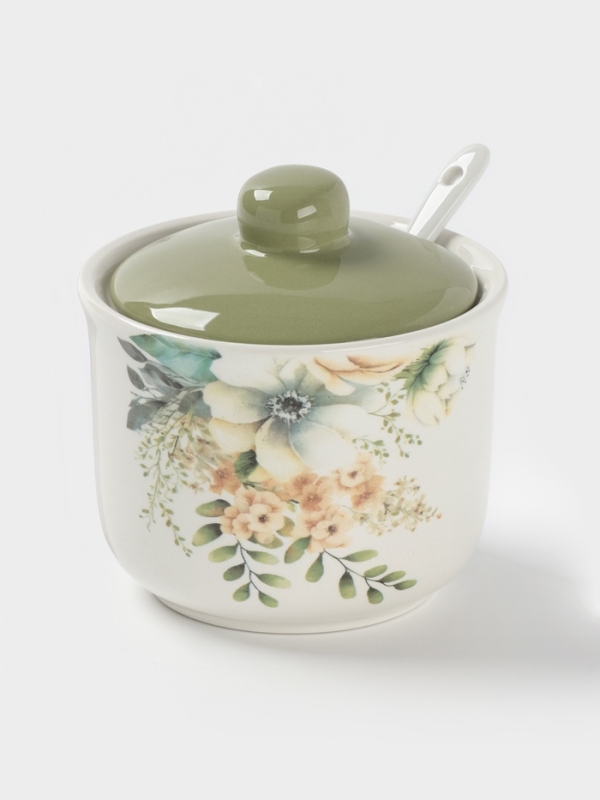 Сахарница с ложкой Доляна "Цветы" цвет белый  10х9 см 300 мл