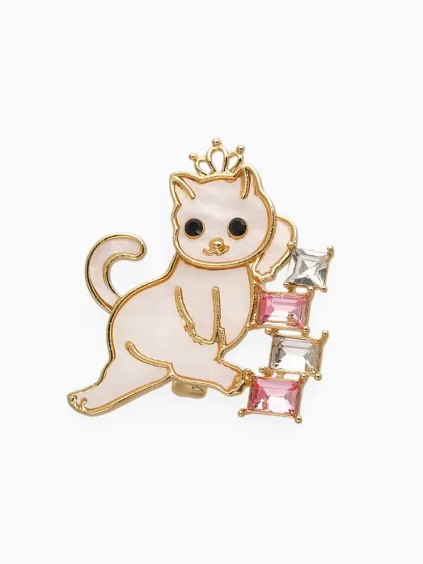Брошь "Кошечка" в короне, бело-розовая в золоте