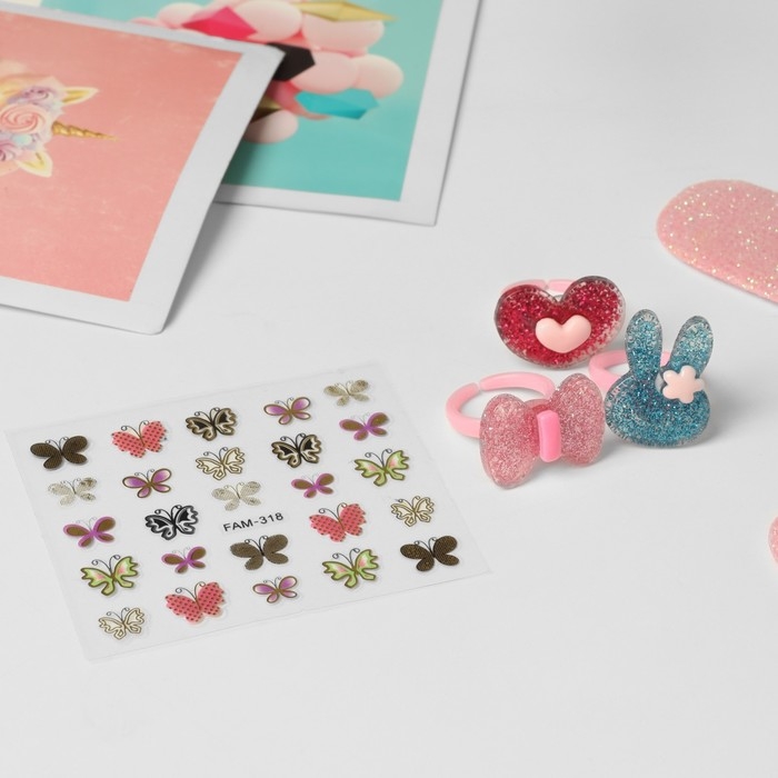 Комплект детский &laquo;Выбражулька&raquo; 4 предмета: 3 кольца, наклейки на ногти, форма МИКС, цветной