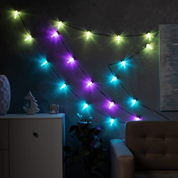 Умная гирлянда &laquo;Нить&raquo; 6 м с насадками &laquo;Лампочки с шишками&raquo;, IP20, тёмная нить, 20 LED, свечение RGB, USB