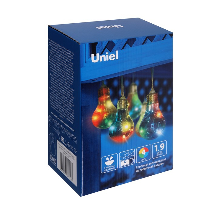 Гирлянда Uniel &laquo;Нить&raquo; 1.9 м с насадками &laquo;Лампочки&raquo;, IP44, прозрачная нить, 10 лампочек, свечение мульти, 1 режим, солнечная батарея