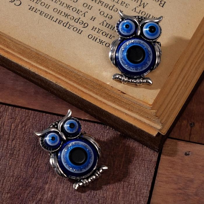 Брошь-оберег &laquo;Сова&raquo; глазки, цвет синий в чернёном серебре (неделимая фасовка 12 шт., цена за шт.)