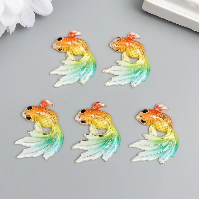 Декор для творчества пластик "Рыбка оранж с зелёно-голубым хвостом" с золотом 2,5х3 см