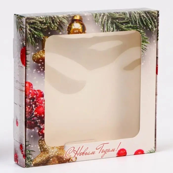 Подарочная коробка сборная с окном &laquo;Новогодние веточки&raquo;, 16&times;16&times;3 см
