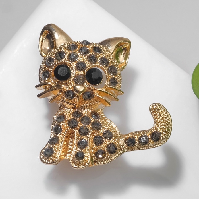 Брошь &laquo;Кошечка&raquo; очаровательная, цвет чёрно-серый в золоте