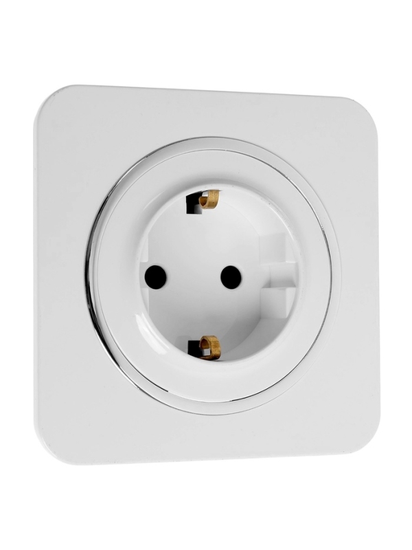Розетка одноместная, серия "Circular", 16 А, скрытая, с з/к, белая, серебристая рамка