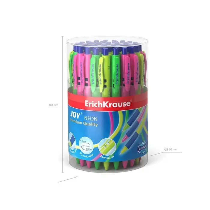 Ручка шариковая автоматическая ErichKrause JOY Neon, узел 0.7 мм, чернила синие, комфортное письмо, длина линии письма 1300 метров