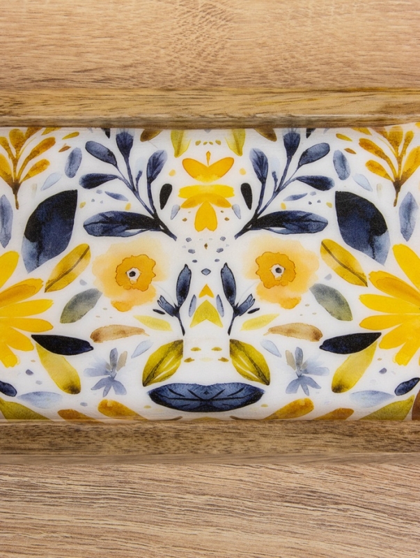 Набор розеток на подносе "Желтые и синие цветы" (3 шт) дерево манго 33,5х13х6,5 см