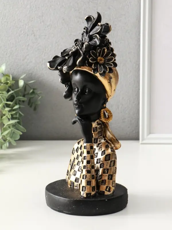 Бюст полистоун "Девушка с цветком, в наряде в клетку" чёрный 13,3х12,3х29,5 см