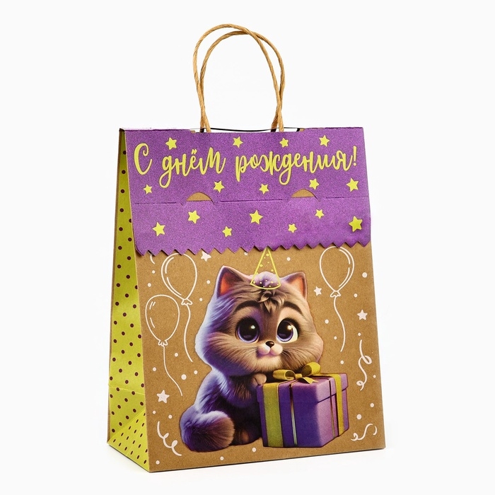 Пакет с клапаном &laquo;С Днём рождения&raquo;, котик, крафт, глиттер, 19,5 &times; 10 &times; 25.2 см