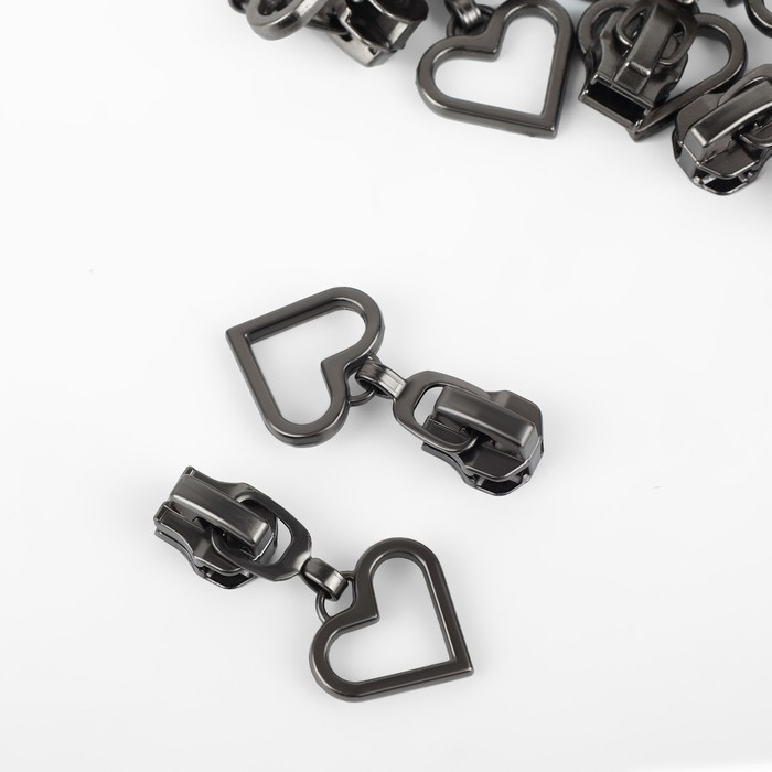 Бегунок автоматический для металлической молнии, №5, декоративный &laquo;Сердце&raquo;, 10 шт, цвет чёрный никель