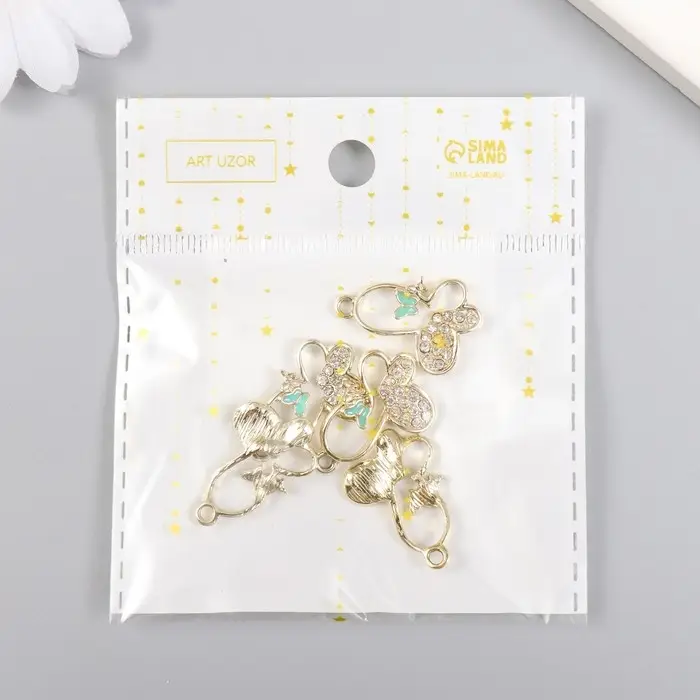 Декор для творчества металл, эмаль, стразы "Бабочка с бабочкой" золото 1,7х2,5 см