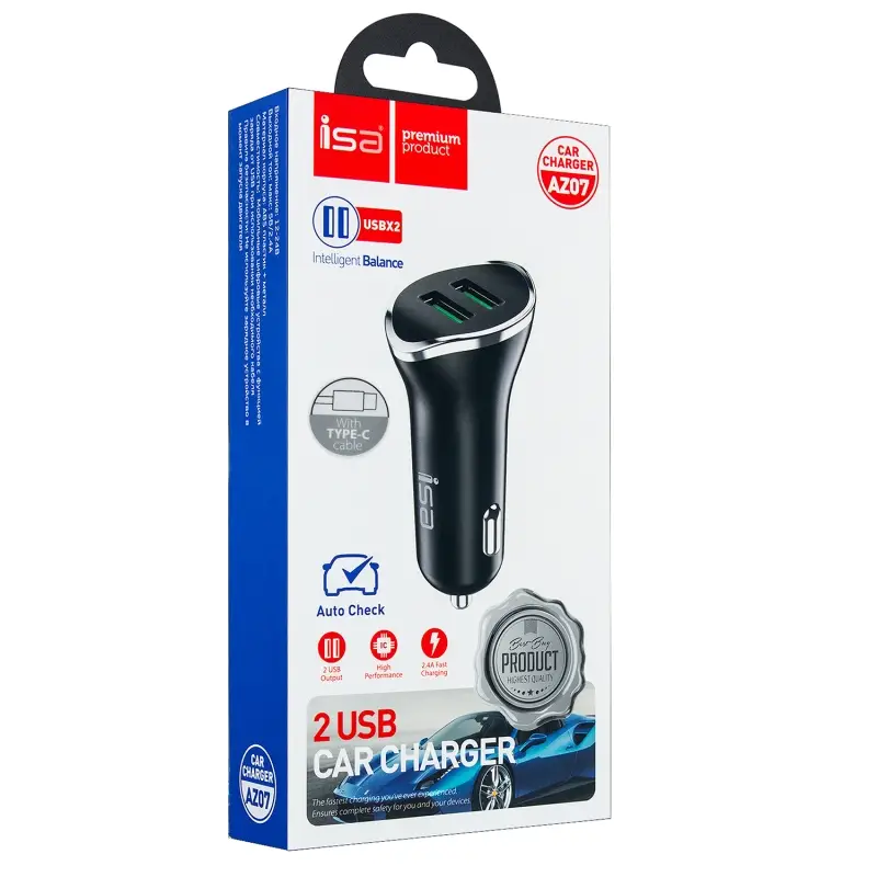 АЗУ AZ07 USB на Type-C + 2 USB 2A черное