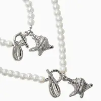 Набор 2 пред-та: бусы.браслет "Жемчуг", ракушка, цвет белый в серебре L=18/42см №8