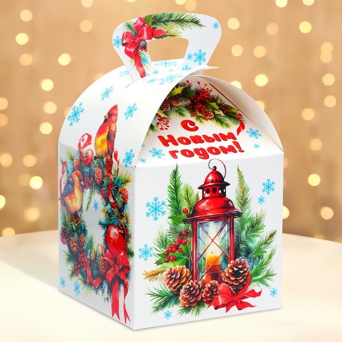 Новый год. Подарочная коробка Новогодняя КУБ МАКСИ "Еловый венок" 15 х 15 х 19 см.