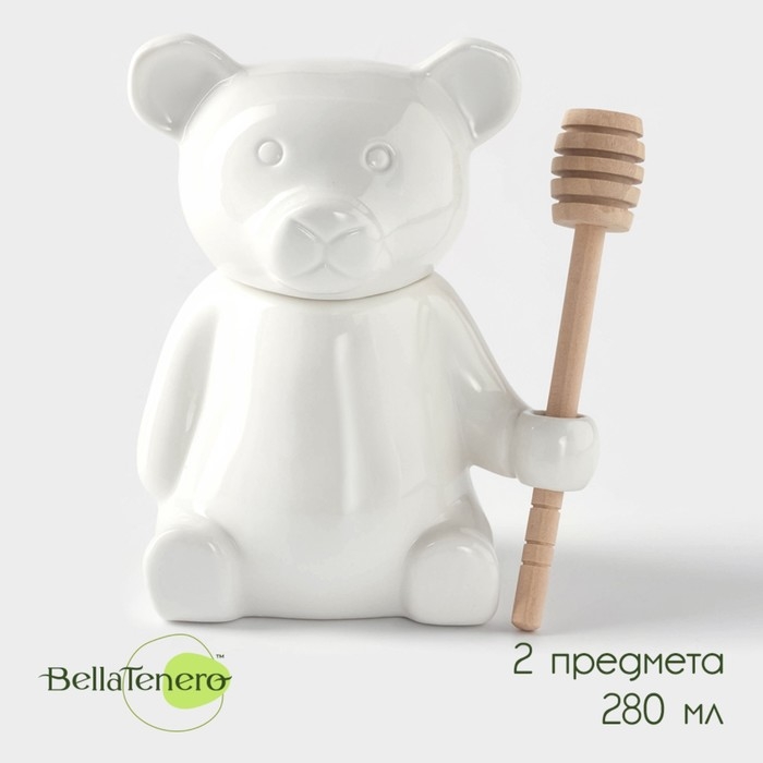 Ёмкость фарфоровая для мёда с ложкой BellaTenero &laquo;Мишка&raquo;, 280 мл, цвет белый