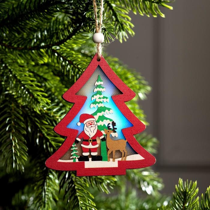 Ёлочная игрушка &laquo;Красная ёлочка с Дедом Морозом&raquo;, от батареек, свечение RGB