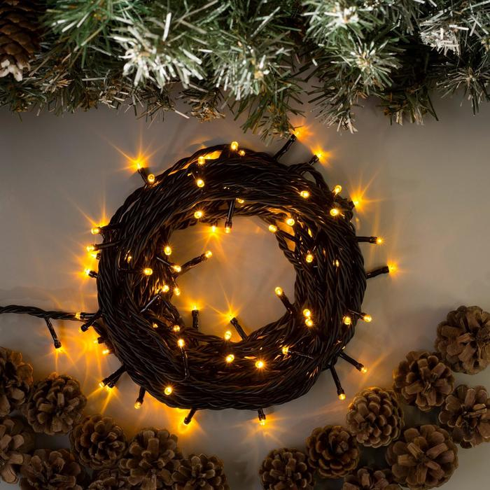 Гирлянда &laquo;Нить&raquo; 10 м, IP44, УМС, тёмная нить, 100 LED, свечение жёлтое, 220 В