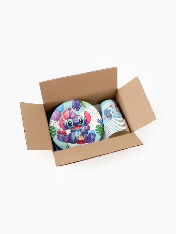 Посуда одноразовая бумажная на 10 персон: стаканы, тарелки, скатерть, Стич