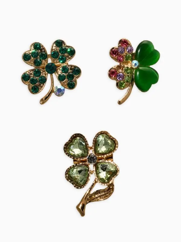 Броши "Клевер" (набор 3шт), цвет зелёный в золоте