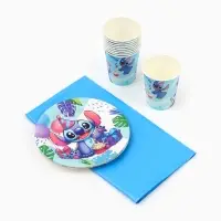 Посуда одноразовая бумажная на 10 персон: стаканы, тарелки, скатерть, Стич