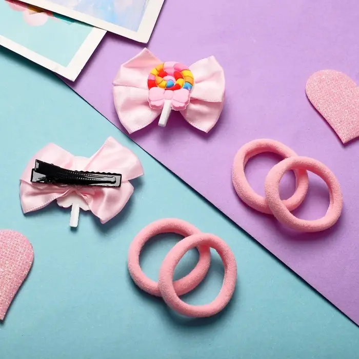 Набор для волос "София" (4 резинки, 2 зажима) бантик карамельки, розовый