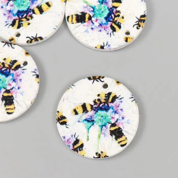 Декор для творчества дерево "Круг. Пчёлки на цветах" d=3 см