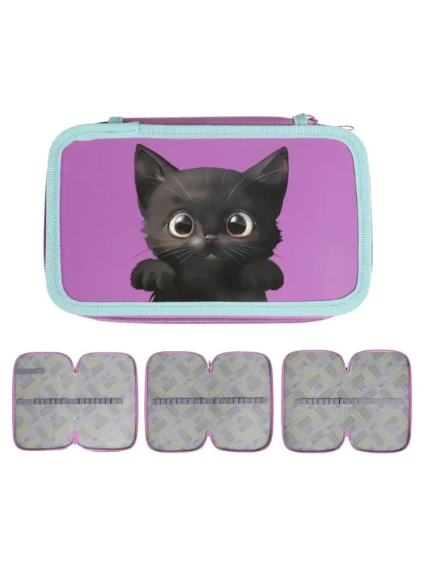 Пенал 3 секции, 125 х 205 х 55 мм, Calligrata 30П26/3 "Кот чёрный", ламинированный картон