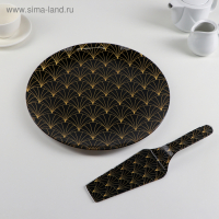 Тортовница стеклянная с лопаткой Доляна &laquo;Золотое перо&raquo;, d=30 см, лопатка 26,5&times;7 см, цвет чёрный