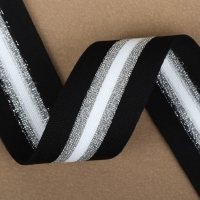 Тесьма трикотажная лампас 40 мм, 9,1 &plusmn; 0,5 м, цвет чёрный/серебряный/белый