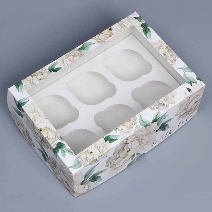 Коробка для капкейков, кондитерская упаковка с окном, 6 ячеек, &laquo;Белые пионы&raquo;, 25 х 17 х 10 см