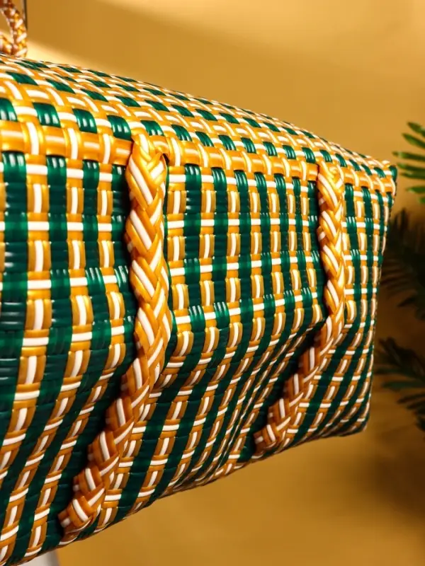 Сумка плетёная пластиковая 40х20х55 см, цв. зелёно-бежевый