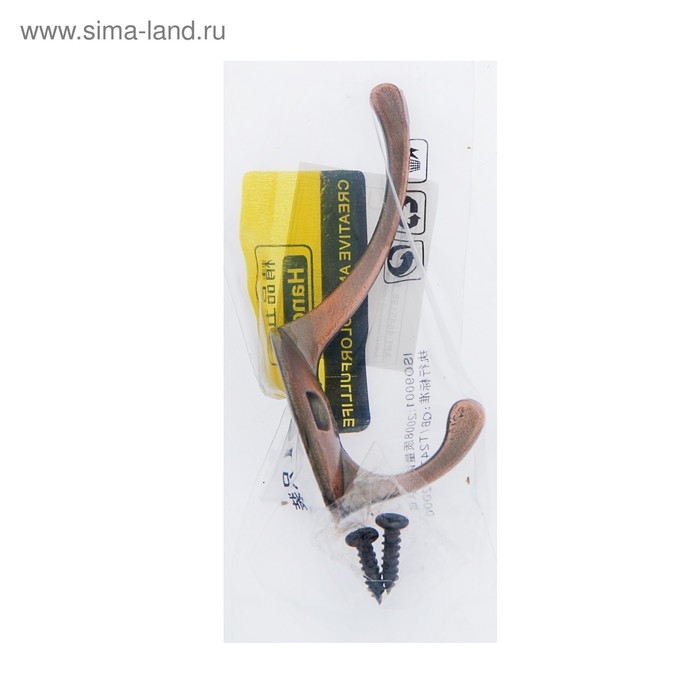 Крючок мебельный ТУНДРА TKD008, двухрожковый, медь, 4 шт TMP