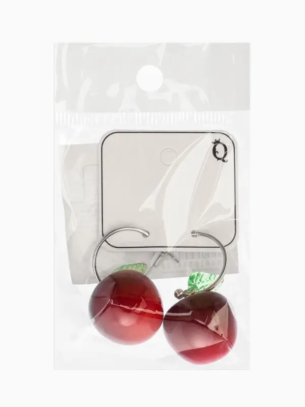 Серьги-кольца "Черешня с листочком", цвет бордовый в серебре