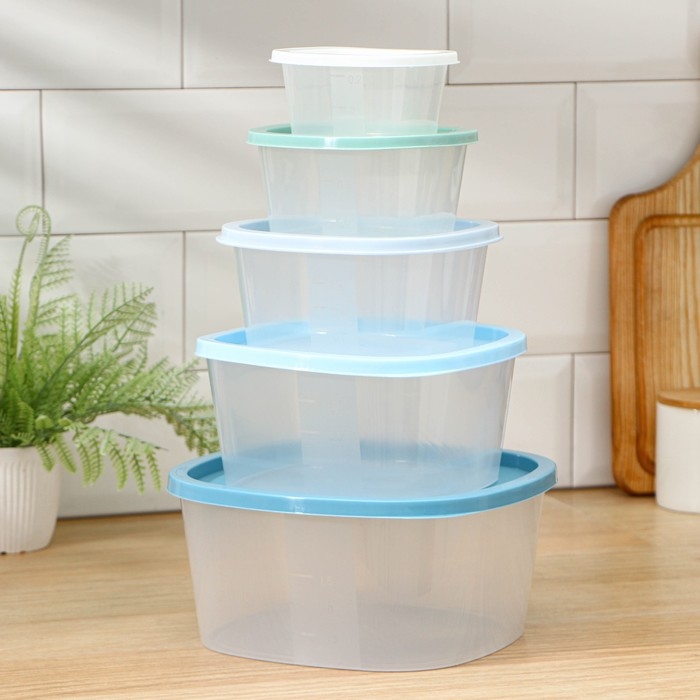 Набор пищевых контейнеров &laquo;BioFresh&raquo;, 5 шт: 0,23 л, 0,5 л, 0,9 л, 1,55 л, 2,65 л, прозрачные, крышки микс