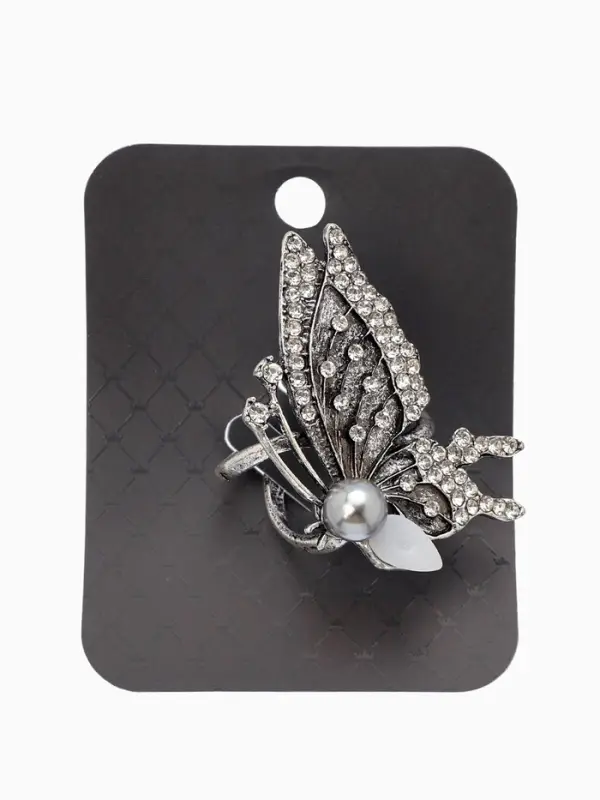 Кольцо для платка "Бабочка профиль", цвет белый в чернёном серебре