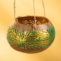 Подсвечник подвесной из кокоса, 9-12 см, зелёно-золотой