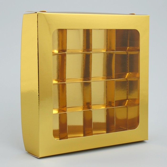 Коробка для конфет, кондитерская упаковка, 16 ячеек &laquo;Золотистая&raquo;, 18.9 х 18.9 х 3.8 см