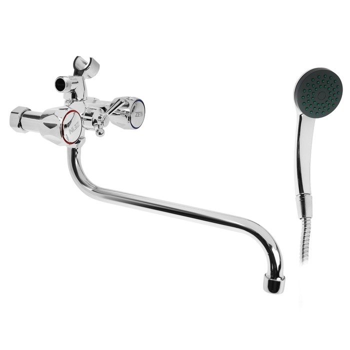 Смеситель для ванны ZEIN Z4327, кран-букса 1/2", излив 27 см, с душевым набор, хром